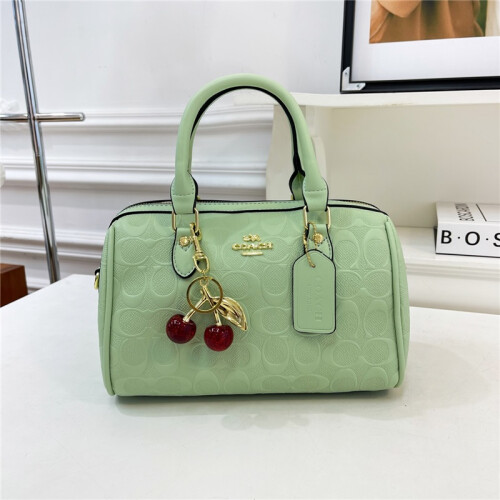 (Green) Embossed Boston Pillow Bag Cherry Pendant Hand-held Cylindrical Bag