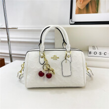 (White) Embossed Boston Pillow Bag Cherry Pendant Hand-held Cylindrical Bag