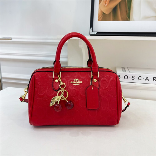 (Red) Embossed Boston Pillow Bag Cherry Pendant Hand-held Cylindrical Bag