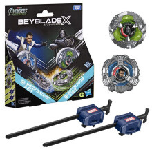 Beyblade X Starter Pack Dual Doctor Doom 0-80LO c. M. Fantastic 9-65A, 2 competition tops by Takara Tomy, 2 launchers, for ages 8 and up.