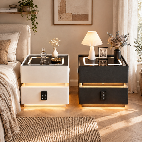 Floating Bedside Table with 3-Colour Light, Wireless Charger & Lock Drawer Mlkpc 1