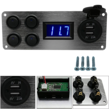 4Gang Blue Campervan RV 12V LED Light Switch Control Panel Voltmeter USB Charger