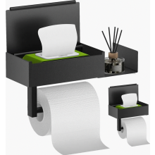 Toilet Roll Holder with Wet Wipe Box, No Drilling Wall Mount, Stainless Steel Shelf, Matte Black
