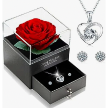 Real Preserved Rose Heart Necklace and Earrings, 925 Sterling Silver, Rose Gift Box, Birthday Gift for Her