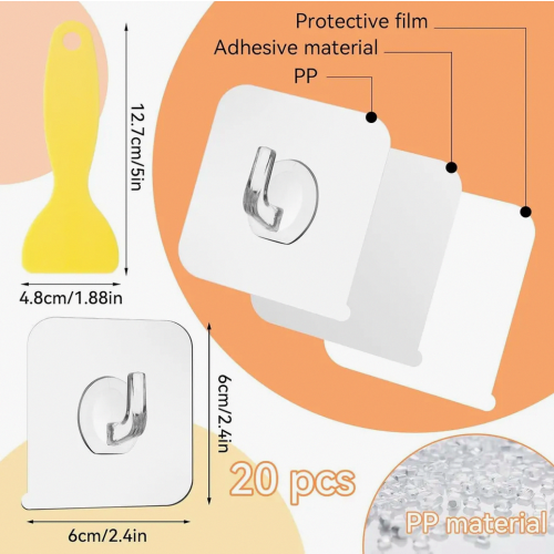 20 Pack Clear Adhesive Hooks with Scraper, Self Adhesive Wall Hooks for Kitchen, Bathroom and Door, 5kg Load Capacity 2