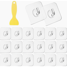 20 Pack Clear Adhesive Hooks with Scraper, Self Adhesive Wall Hooks for Kitchen, Bathroom and Door, 5kg Load Capacity
