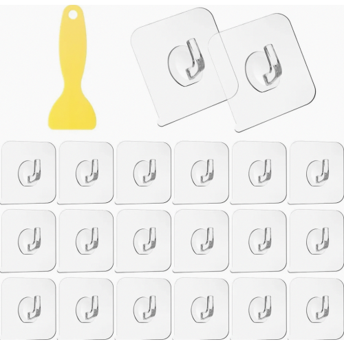 20 Pack Clear Adhesive Hooks with Scraper, Self Adhesive Wall Hooks for Kitchen, Bathroom and Door, 5kg Load Capacity