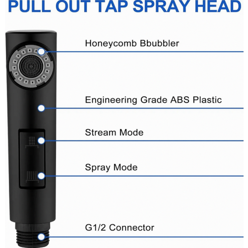 Kitchen Tap Spray Head Replacement, 2-Function Hand Sprayer, Compatible with Pull-Out Kitchen Taps, Black 1