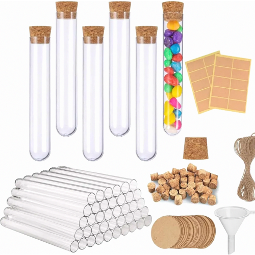 30 Clear Plastic Test Tubes with Cork Stoppers, 18 x 105 mm, for Crafts, Samples and Storage