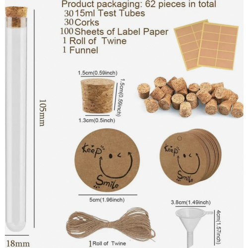 30 Clear Plastic Test Tubes with Cork Stoppers, 18 x 105 mm, for Crafts, Samples and Storage 1