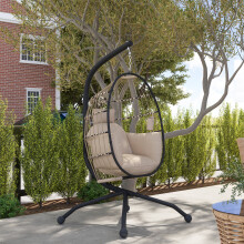Nastopee Khaki Hanging Egg Chair with Stand, Folding Basket Swing Chair with Thick Cushion, Headrest and Cup Holder for Garden