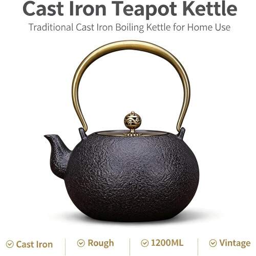 Teaware Cast Iron Teapot, Large Capacity Tea Kettle, 1.2L 1