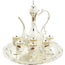 (Silver) Vintage Wine Glass Set, Turkish Tea Glasses Set, Teapot with Tray, Vintage Coffee Pot Set with 6 Cups, Wine Glass Jug Set for Home Tea Party