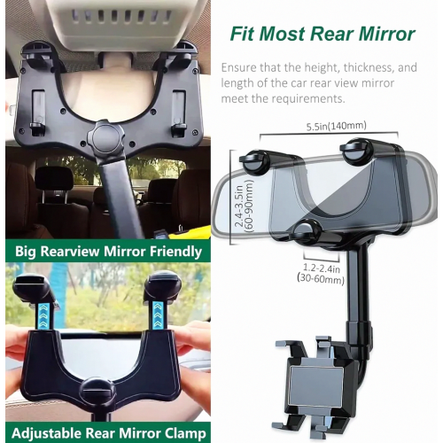 Rotating Retractable Car Phone Holder, Multifunctional Rear View Mirror Mount, Adjustable Hands Free Design 2