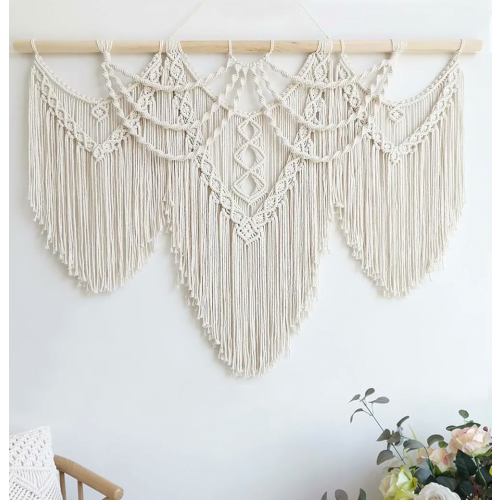 Großer Makramee-Wandbehang, Boho-Wanddeko und Wandteppich für Wohn- oder Schlafzimmer, Beige mit Fransen