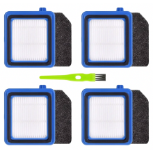 Vervangingsset voor stofzuigerfilters, bestaande uit 4 wasbare voorfilters, 4 hygiënefilters en een reinigingsborstel.