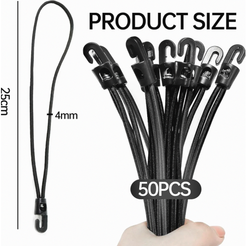 50 Pack Bungee Cords with Hooks, 25 cm Tent Tie Downs for Tarps, Camping, Trailers and Pool Covers 1