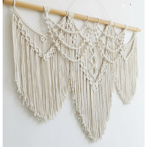 Großer Makramee-Wandbehang, Boho-Wanddeko und Wandteppich für Wohn- oder Schlafzimmer, Beige mit Fransen