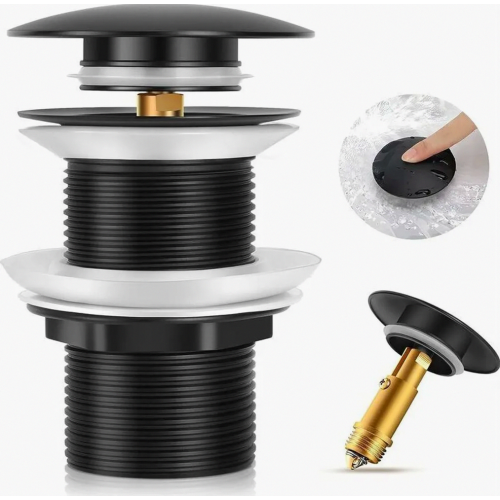 Matt Black Basin Waste Without Overflow, Universal Pop Up Drain Plug with Durable Brass Construction