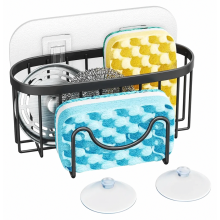 2-in-1 Stainless Steel Sink Caddy, Sponge Holder with 2 Adhesive Pads for Sponges and Brushes, No Drilling, Black