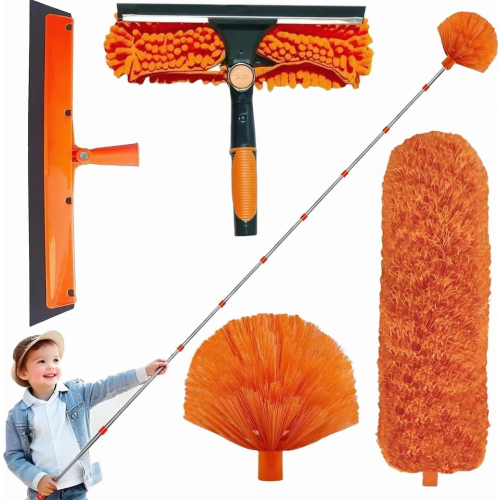Telescopic Duster with Microfibre Head, Window Squeegee and Scrubber, Extendable to 4.9 m for Ceilings
