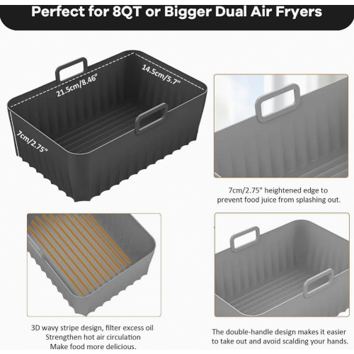 2 Pack Silicone Air Fryer Moulds for Double Stack XL 9.5L Dual Zone Baskets, Reusable Baking Liners 2