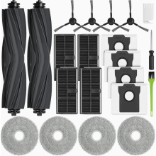 Kit di accessori di ricambio con 4 sacchetti per la polvere, 4 filtri, 2 spazzole principali, 4 panni per la pulizia e 4 spazzole laterali.