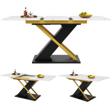 Misvayli Extendable Dining Table with Gold Cross Legs, 120-160cm White Marble Effect Kitchen Table, MDF Top for 6-8 People