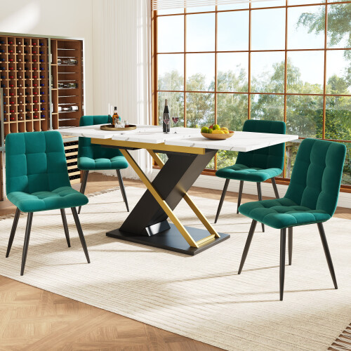 Nastopee Extendable Dining Table 120-160cm, White Marble Effect MDF Tabletop with Gold Cross Legs, Modern Kitchen Table 2