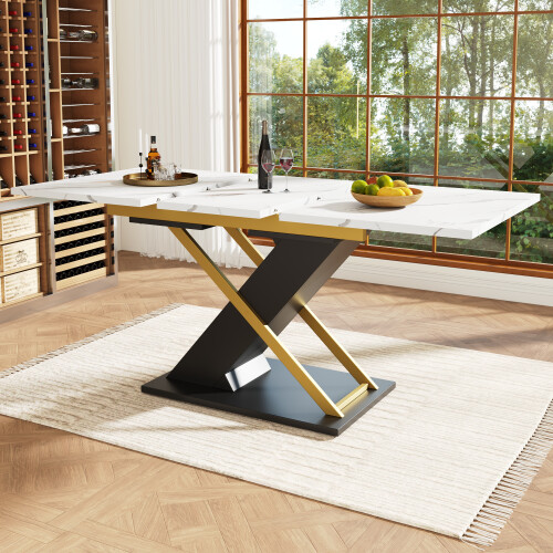 Nastopee Extendable Dining Table 120-160cm, White Marble Effect MDF Tabletop with Gold Cross Legs, Modern Kitchen Table