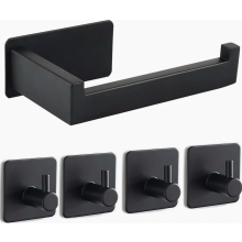 Toilet Roll Holder Without Drilling, Self-Adhesive Stainless Steel Toilet Paper Holder with 4 Towel Hooks, Black