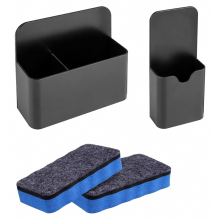 Conjunto de 2 porta-canetas magnéticos com apagadores para quadro branco, pretos, para escola, escritório, geladeira e armário.