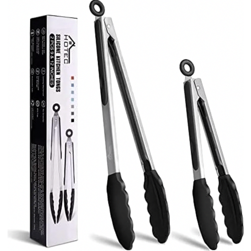 Pinças de cozinha em aço inoxidável com anel de travamento e pontas de silicone, pacote com 2 unidades, 9 e 12 polegadas de comprimento.