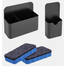 Conjunto de 2 porta-canetas magnéticos, pretos, com 2 apagadores magnéticos para quadro branco, ideais para escola, escritório e geladeira.