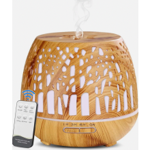 Difusor de aromas ultrassônico de 400ml com umidificador para óleos essenciais em madeira esculpida, com controle remoto, marrom claro.