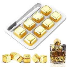 Zestaw kamieni do whisky ze stali nierdzewnej wielokrotnego użytku z silikonowymi szczypcami do lodu, złoty, 8 sztuk do schłodzonych napojów