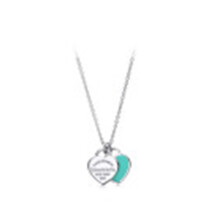 Women Double Heart Turquoise Enamel Pendant Necklace, Silver Plated Dainty Chain, Engraved Heart Tag Jewellery Gift for Her