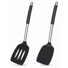 2-teiliges Silikonspatel-Set, hitzebeständig, BPA-frei, Edelstahlgriffe, Schwarz, für Fisch, Eier und Pfannkuchen
