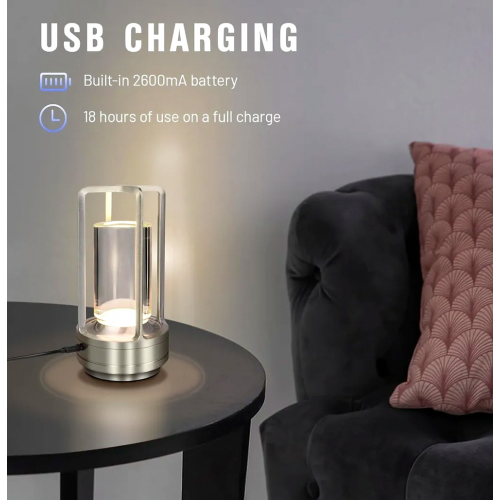 Cordless LED Table Lamp, Dimmable Touch Control Rechargeable Crystal Lantern with USB-C, Silver 2