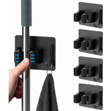 Selbstklebender Besenhalter zur Wandmontage, 4er-Pack, Edelstahl-Mopp-Organizer mit Haken, Schwarz