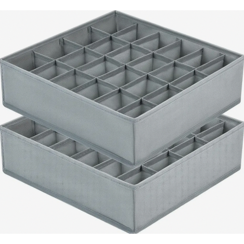 2 Pack Sock and Underwear Storage Boxes, 24 Compartments, Foldable Fabric Drawer Organisers, Grey