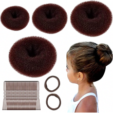 4-Piece Donut Hair Bun Maker Set, 2 Elastic Hair Ties, 30 U-Shaped Hair Pins for Women and Girls, Brown