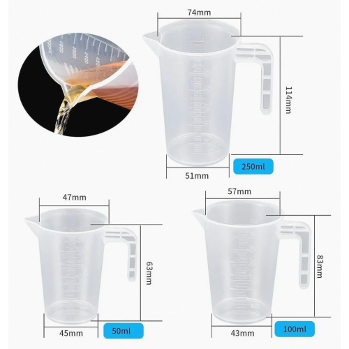 3 Piece Measuring Cup Set, 50ml 100ml 250ml, Graduated Plastic Dosing Cups for Laundry and Kitchen 1