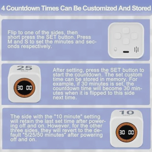 Visueller Drehtimer, 5-, 10-, 25- oder 50-Minuten-Countdown, benutzerdefinierter Timer, geräuschloser Modus, USB-C-aufladbar, Weiß 2