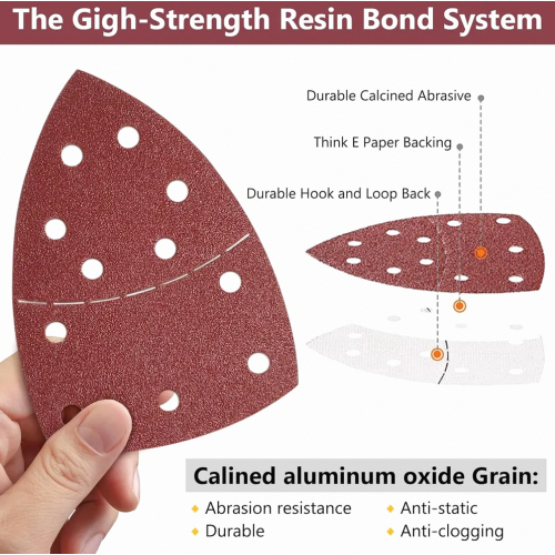 60-Pack Sandpaper for 11-Hole Triangular Detail Sanders, Hook and Loop, Grits 40/60/80/120/180/240 2
