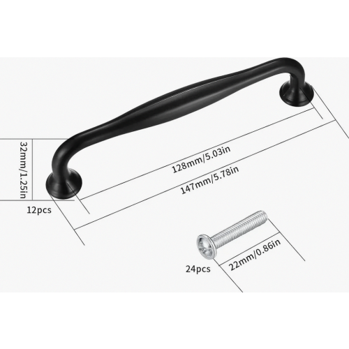 12 Pack 128mm Kitchen Cabinet Handles, Black Aluminium Alloy Pulls with Screws for Cupboard Doors and Drawers 1
