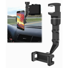 Universele telefoonhouder voor de achteruitkijkspiegel in de auto, 360 graden verstelbare lange arm, compatibel met smartphones.