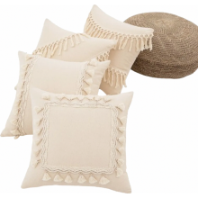 Lot de 4 housses de coussin à pompons 45 x 45 cm, décoration bohème pour canapé, beige, housses uniquement pour salon