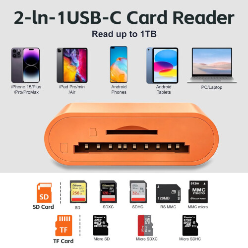 USB C SD Card Reader for iPhone,Dual Slot Type C Memory Card Reader-Orange 1