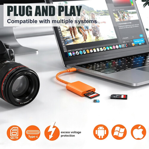 USB C SD Card Reader for iPhone,Dual Slot Type C Memory Card Reader-Orange 2